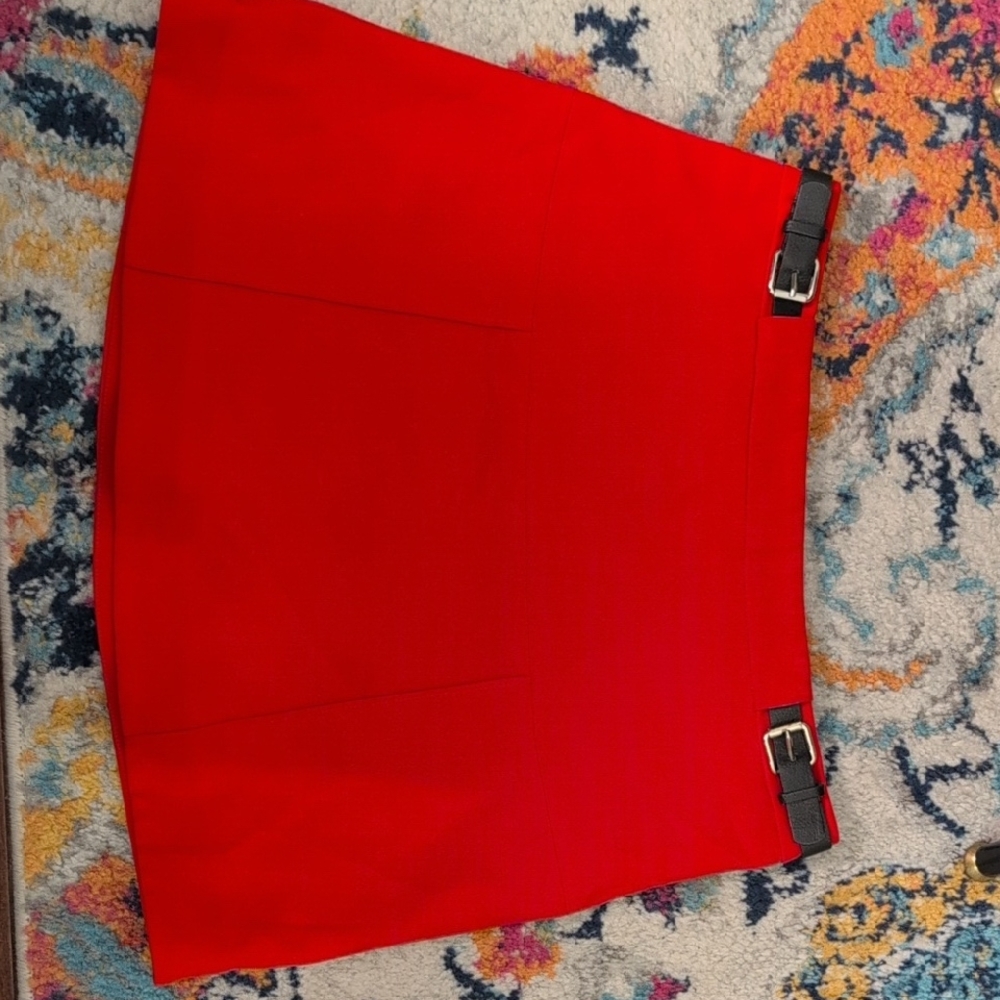 Express Red Mini Skirt with Buckle Accents